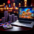 A documentary-style DSLR photo showing a blurred casino table in the foreground with scattered chips and cards, while a laptop wit