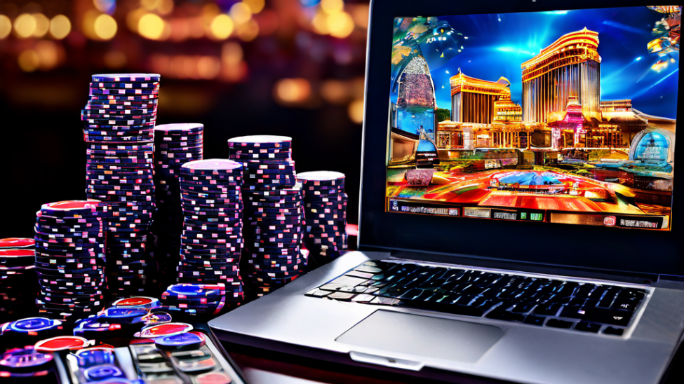 A documentary-style DSLR photo showing a blurred casino table in the foreground with scattered chips and cards, while a laptop wit
