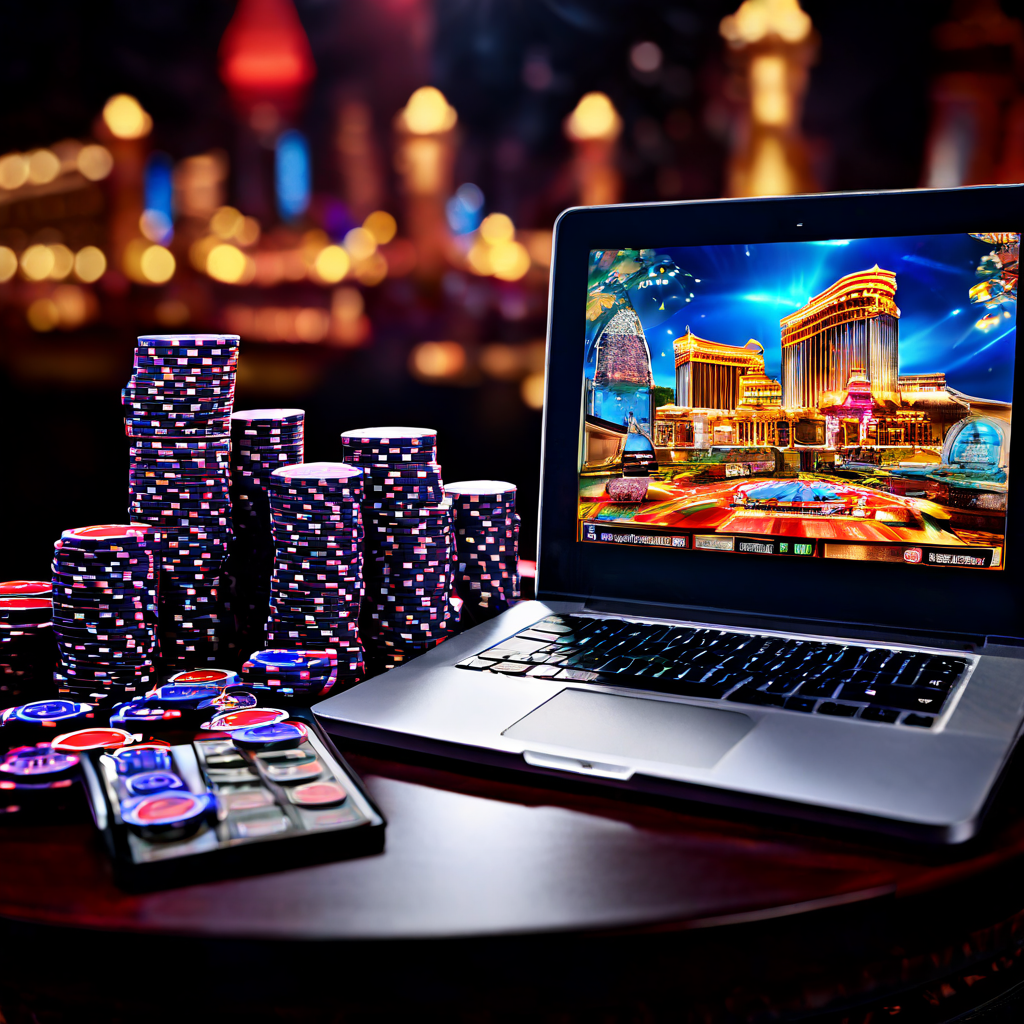A documentary-style DSLR photo showing a blurred casino table in the foreground with scattered chips and cards, while a laptop wit
