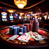 A professional editorial photograph showing a casino felt table with a dealer’s hands stacking chips and shuffling cards, while a