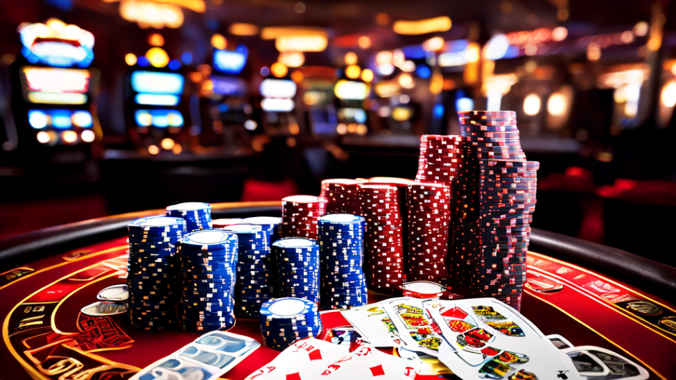 A professional editorial photograph showing a casino felt table with a dealer’s hands stacking chips and shuffling cards, while a