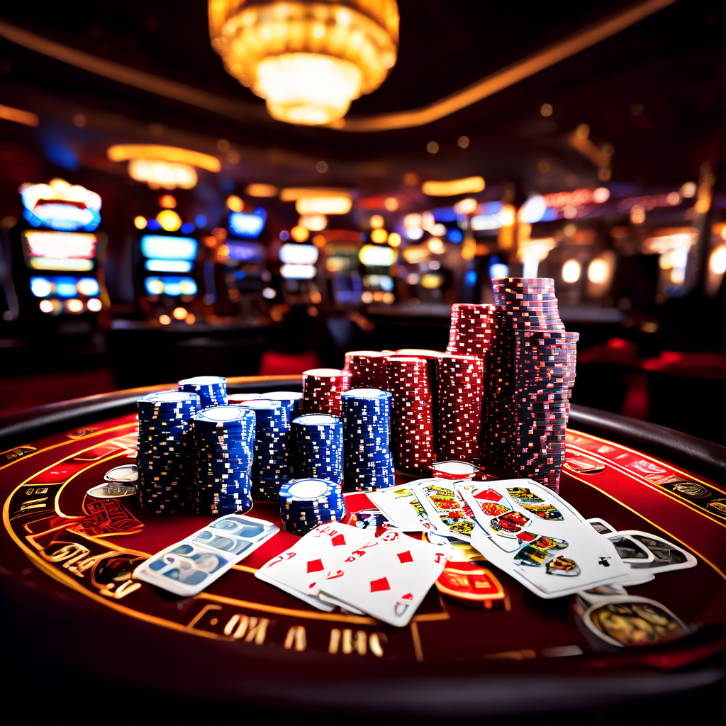 A professional editorial photograph showing a casino felt table with a dealer’s hands stacking chips and shuffling cards, while a