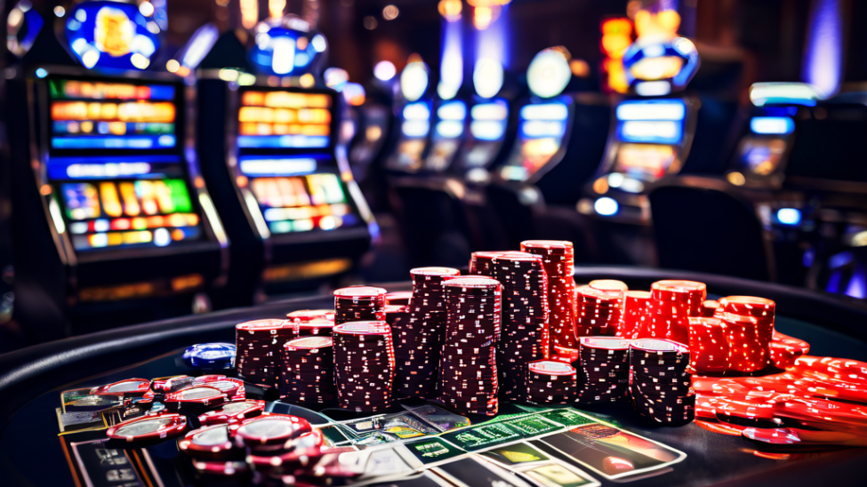 A dealer's hands slide casino chips across a green felt table near a laptop with a blurred blank screen, symbolizing the invisible