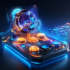 Close-up digital product composition showing layered interface glow, data paths, and secure service flow highlighting review...
