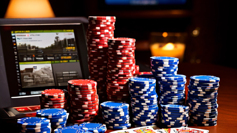 A professional poker player's hands resting on a green casino felt table, holding two playing cards with a stack of poker chips ne