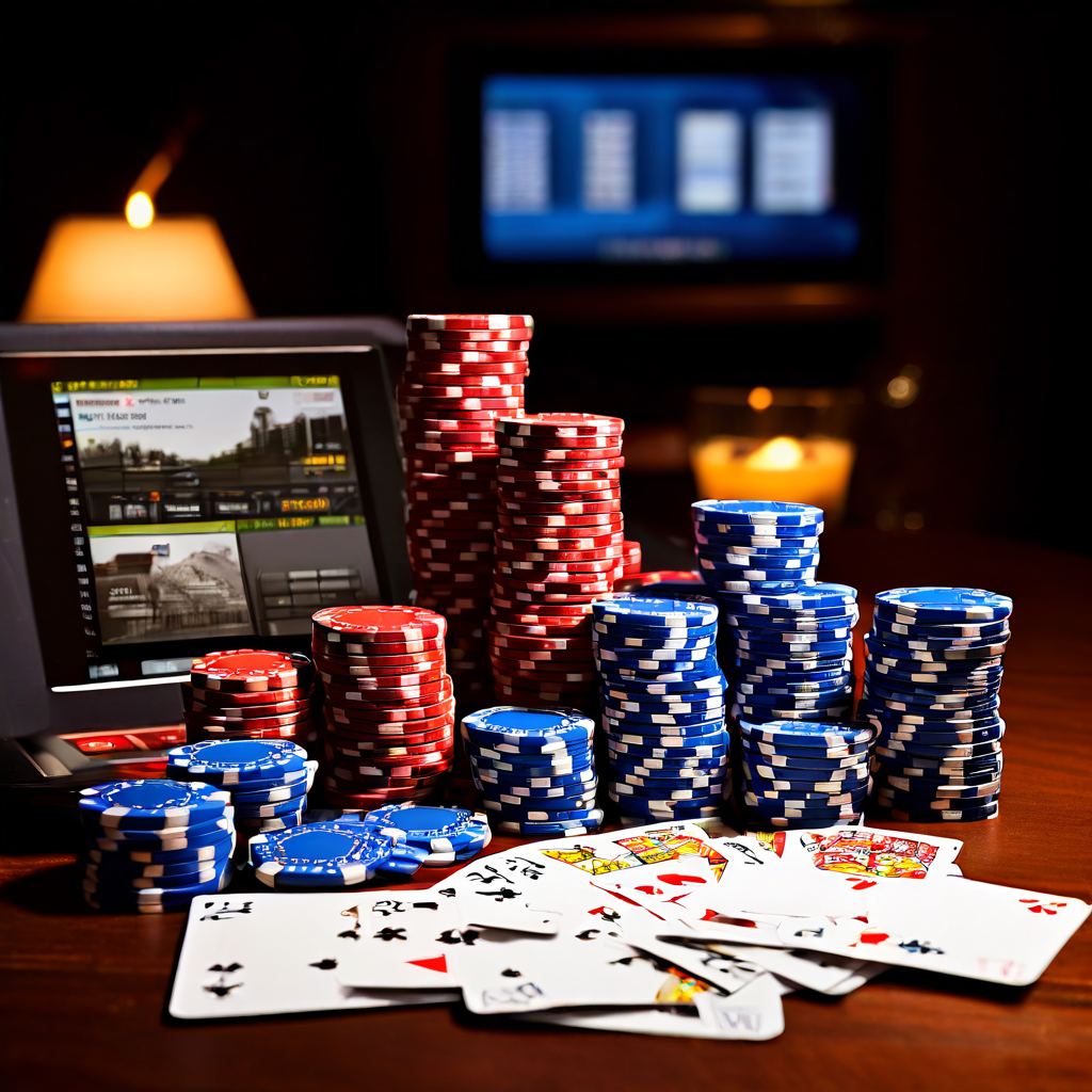 A professional poker player's hands resting on a green casino felt table, holding two playing cards with a stack of poker chips ne