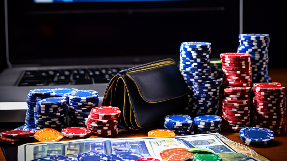A professional studio shot of a wooden desk with a laptop, its screen intentionally blurred, next to a casino felt mat with scatte