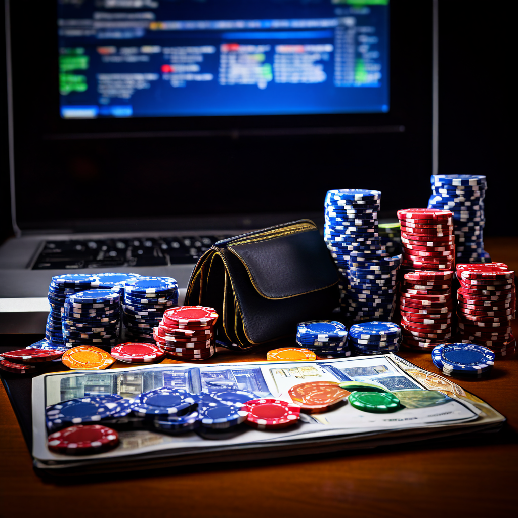 A professional studio shot of a wooden desk with a laptop, its screen intentionally blurred, next to a casino felt mat with scatte