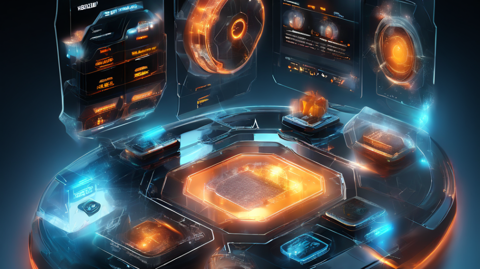 Futuristic digital platform interface showing layered glow, data paths, and secure decision surface flow for a Holdem solution...