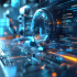 Abstract digital visualization of partner report expectations in a secure online workflow with layered interface glow and data...