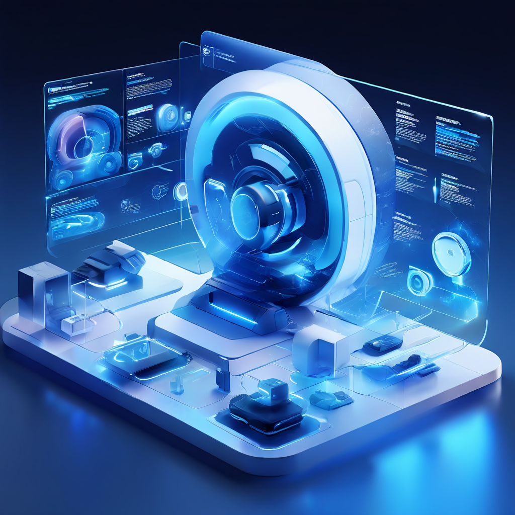 Operator monitoring digital workflow with abstract light panels showing secure data flow and cloud infrastructure in a premium...