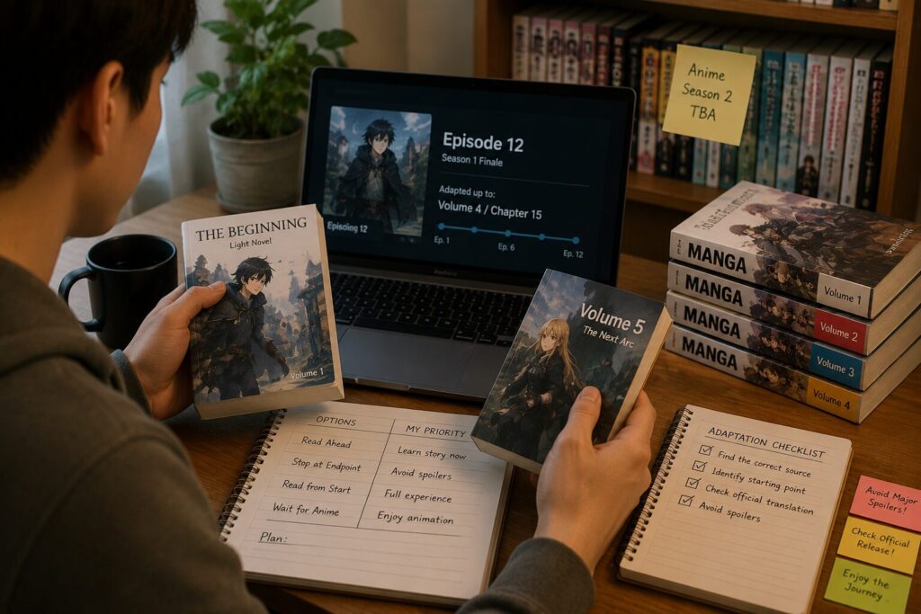 Reader comparing an anime finale with manga and light novel volumes to decide whether to continue reading ahead or wait for the next anime season.