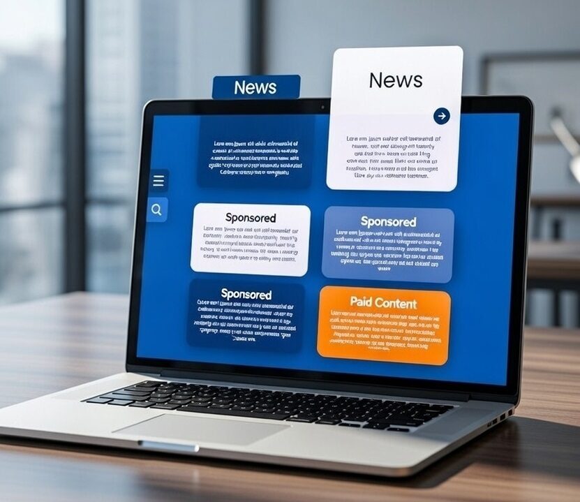 News website displaying sponsored and paid content labels to distinguish advertising from editorial journalism.
