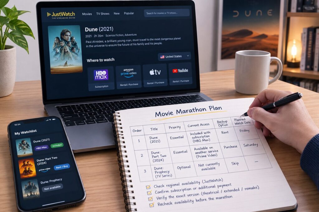 Person planning a movie marathon by checking regional streaming availability on JustWatch, comparing subscription, rental, and purchase options across streaming platforms.