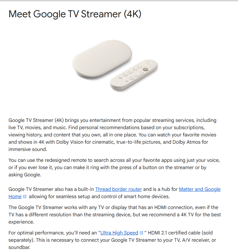 Google explains that a 4K streaming device can only display the resolution supported by the connected television.
