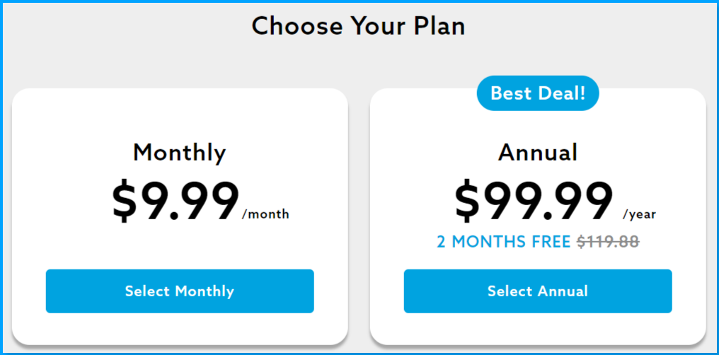 VidAngel monthly and annual subscription plans showing the price difference used to calculate the break-even point.